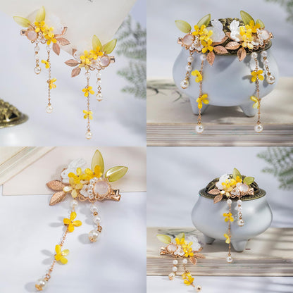 A Pair Wedding Hair Clips, Handmade Floral Design Crystal Hair Clips Pearl Barrettes, Rhinestones Flower Clips Pearl Headpieces Hair Pins Hair Accessories for Women Girls (Yellow)