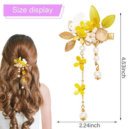 A Pair Wedding Hair Clips, Handmade Floral Design Crystal Hair Clips Pearl Barrettes, Rhinestones Flower Clips Pearl Headpieces Hair Pins Hair Accessories for Women Girls (Yellow)