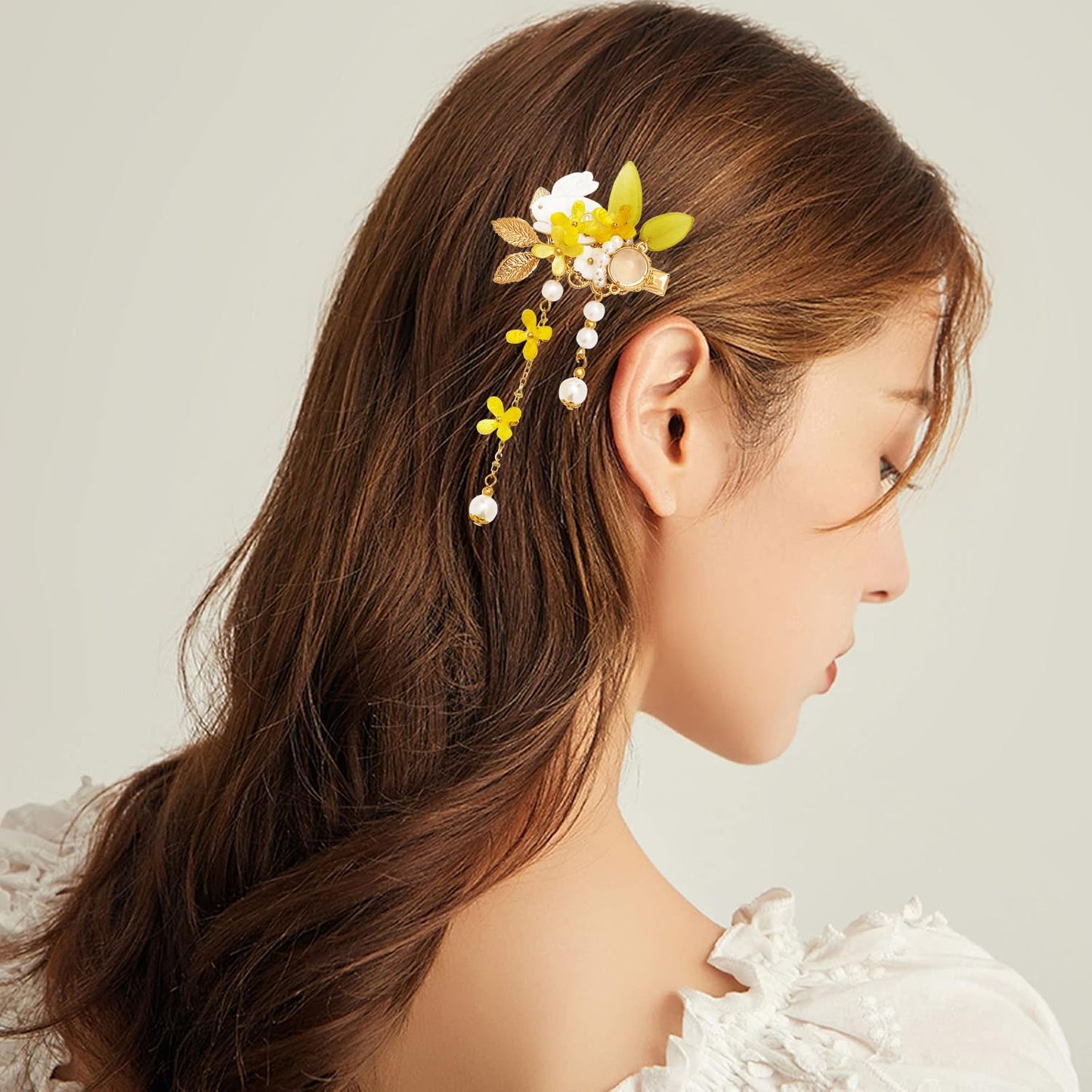 A Pair Wedding Hair Clips, Handmade Floral Design Crystal Hair Clips Pearl Barrettes, Rhinestones Flower Clips Pearl Headpieces Hair Pins Hair Accessories for Women Girls (Yellow)