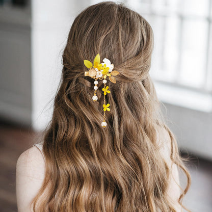 A Pair Wedding Hair Clips, Handmade Floral Design Crystal Hair Clips Pearl Barrettes, Rhinestones Flower Clips Pearl Headpieces Hair Pins Hair Accessories for Women Girls (Yellow)
