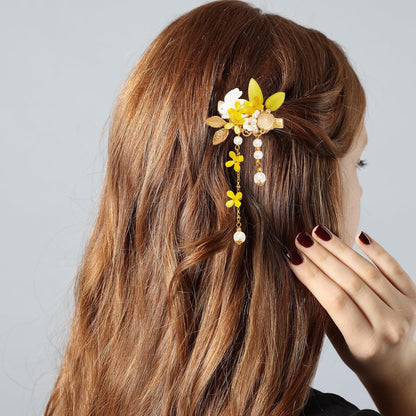 A Pair Wedding Hair Clips, Handmade Floral Design Crystal Hair Clips Pearl Barrettes, Rhinestones Flower Clips Pearl Headpieces Hair Pins Hair Accessories for Women Girls (Yellow)