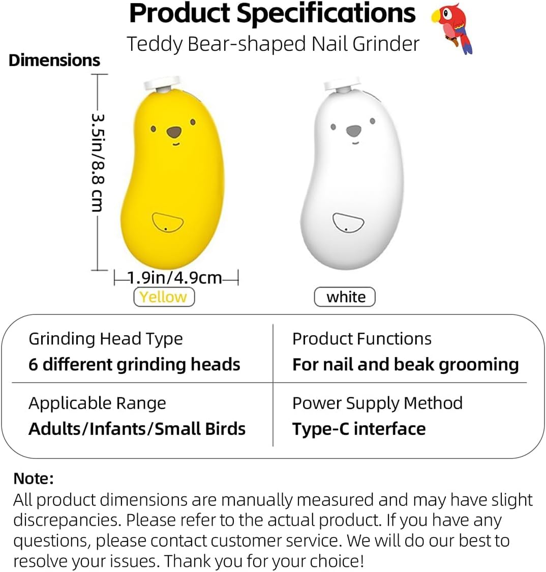 MANON ROSA Bird Nail Grinder, Bird Beak Grinder- Safe and Quiet Bird Nail Care Tool, Complete Grooming Kit for Parrots Conures Cockatiels Finches Parakeets, Premium Beak Maintenance (Yellow)