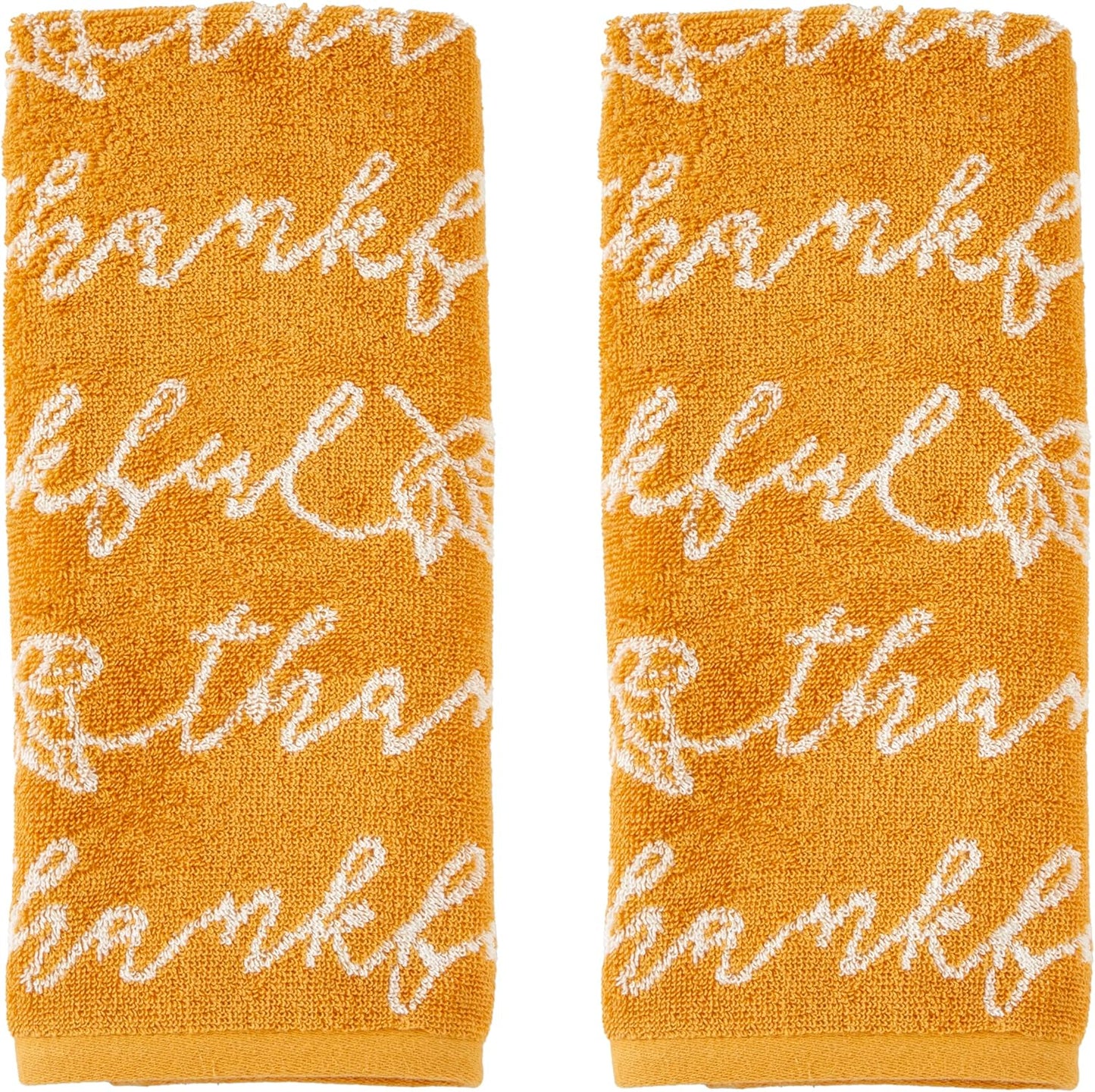 SKL Home Autumn/Fall Thankful Script 100% Cotton Jacquard 2pc Hand Towel Set, Soft & Absorbent, Decorative for Bath/Kitchen/Bar & Gift, Yellow