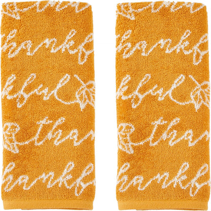 SKL Home Autumn/Fall Thankful Script 100% Cotton Jacquard 2pc Hand Towel Set, Soft & Absorbent, Decorative for Bath/Kitchen/Bar & Gift, Yellow