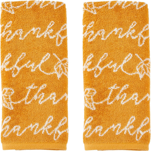 SKL Home Autumn/Fall Thankful Script 100% Cotton Jacquard 2pc Hand Towel Set, Soft & Absorbent, Decorative for Bath/Kitchen/Bar & Gift, Yellow