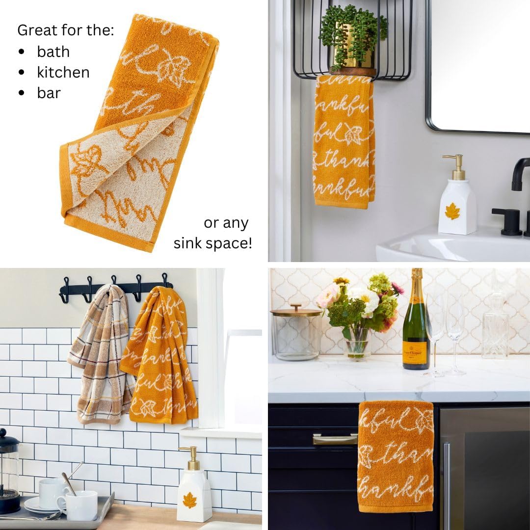 SKL Home Autumn/Fall Thankful Script 100% Cotton Jacquard 2pc Hand Towel Set, Soft & Absorbent, Decorative for Bath/Kitchen/Bar & Gift, Yellow