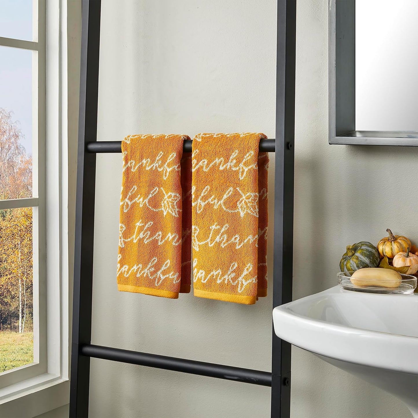 SKL Home Autumn/Fall Thankful Script 100% Cotton Jacquard 2pc Hand Towel Set, Soft & Absorbent, Decorative for Bath/Kitchen/Bar & Gift, Yellow