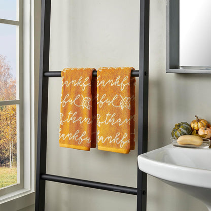 SKL Home Autumn/Fall Thankful Script 100% Cotton Jacquard 2pc Hand Towel Set, Soft & Absorbent, Decorative for Bath/Kitchen/Bar & Gift, Yellow