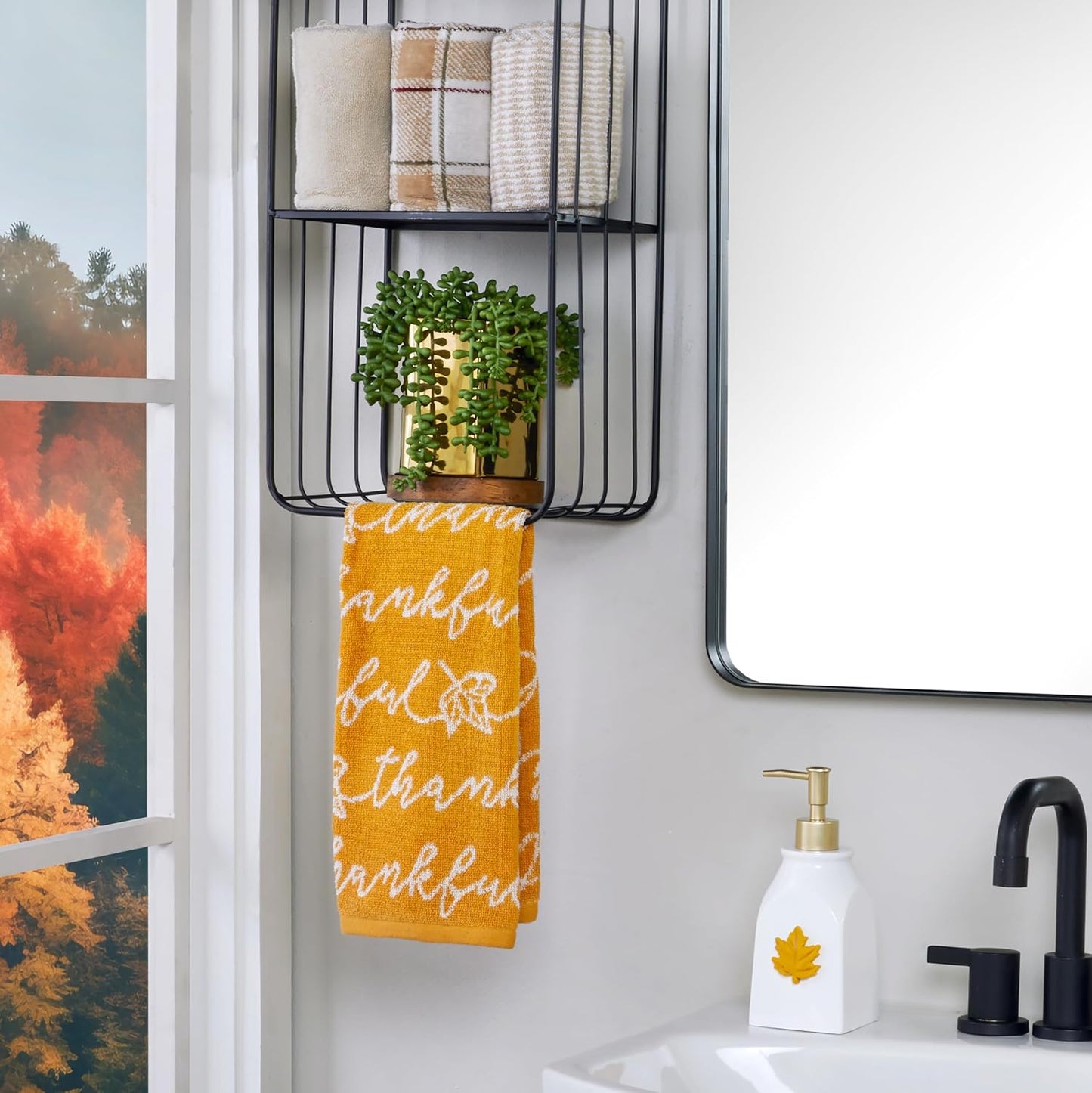 SKL Home Autumn/Fall Thankful Script 100% Cotton Jacquard 2pc Hand Towel Set, Soft & Absorbent, Decorative for Bath/Kitchen/Bar & Gift, Yellow