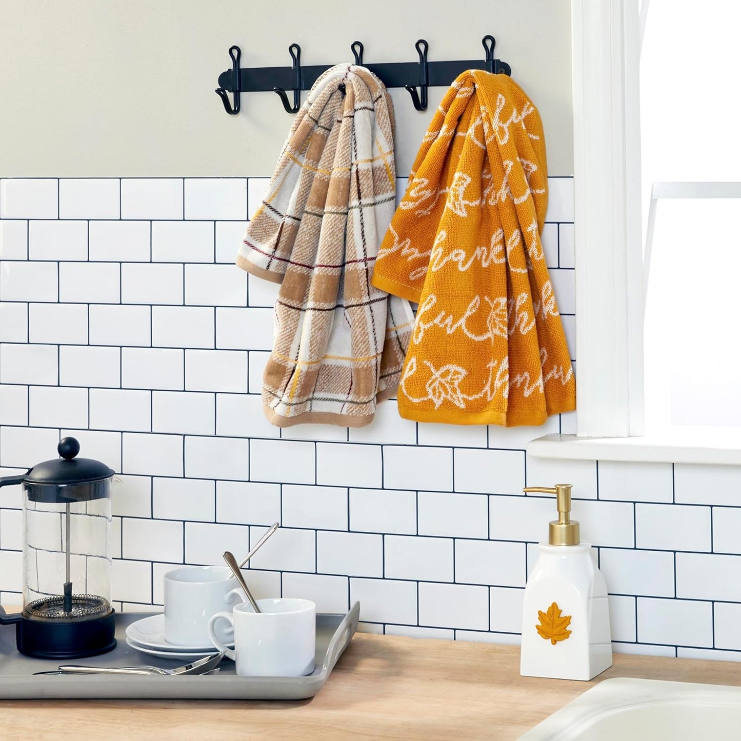 SKL Home Autumn/Fall Thankful Script 100% Cotton Jacquard 2pc Hand Towel Set, Soft & Absorbent, Decorative for Bath/Kitchen/Bar & Gift, Yellow