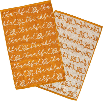 SKL Home Autumn/Fall Thankful Script 100% Cotton Jacquard 2pc Hand Towel Set, Soft & Absorbent, Decorative for Bath/Kitchen/Bar & Gift, Yellow