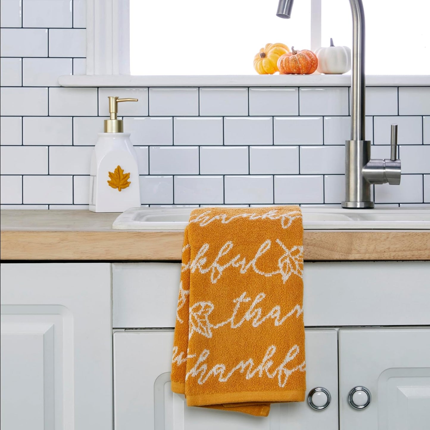 SKL Home Autumn/Fall Thankful Script 100% Cotton Jacquard 2pc Hand Towel Set, Soft & Absorbent, Decorative for Bath/Kitchen/Bar & Gift, Yellow