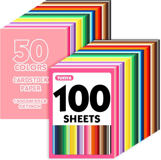 100 Sheets 5" X 7" Colored Cardstock, 50 Colors Card Stock | 50 Assorted Colors Construction Paper Printer Paper for Printing, Card Making, DIY Crafts, School Supplies,Party 180GSM/65LB