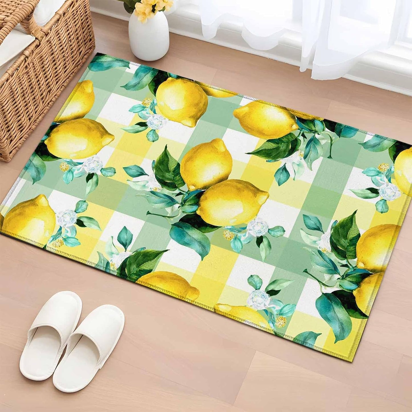 2x3ft Rectangle Rug,Summer Lemon Fruit Green Leaf Washable Area Rugs Non-Slip Accent Rug Light Yellow Green Check Soft Circle Carpet for Living Room Bedroom Home Office Decor