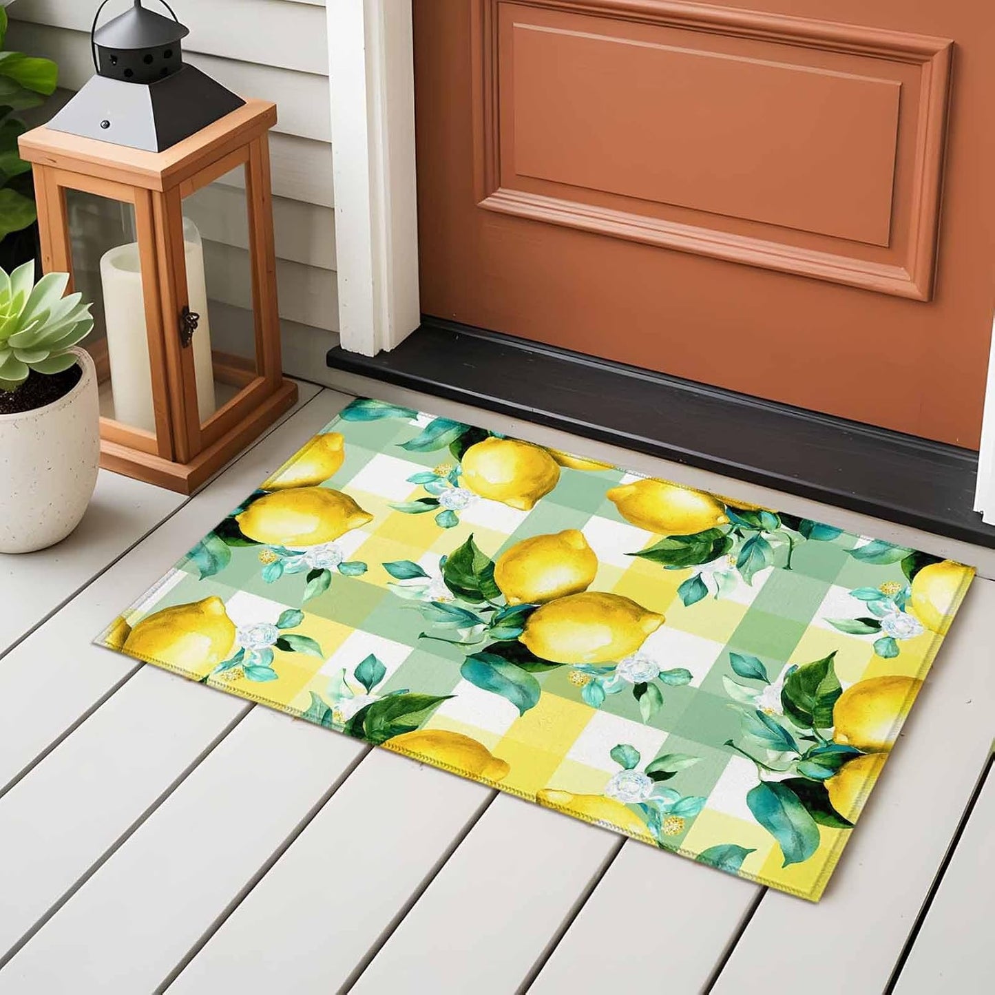 2x3ft Rectangle Rug,Summer Lemon Fruit Green Leaf Washable Area Rugs Non-Slip Accent Rug Light Yellow Green Check Soft Circle Carpet for Living Room Bedroom Home Office Decor
