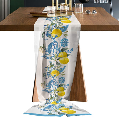 Yellow Summer Lemon Chiffon Table Runner 120 Inches Long, Voile Sheer Tulle Runner for Rustic Wedding Reception Bridal Shower Decorations Birthday Party, Floral Blue Medi-Terranean Pattern