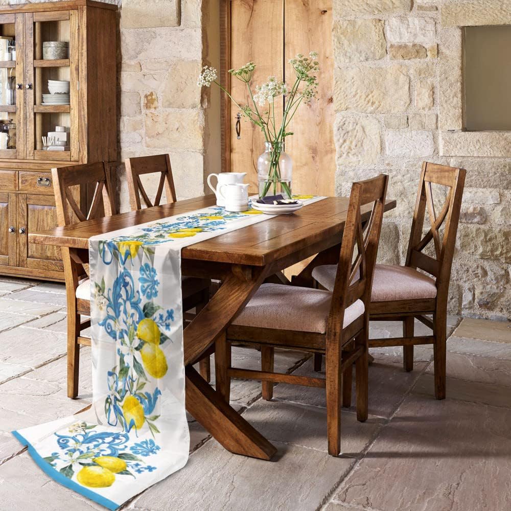 Yellow Summer Lemon Chiffon Table Runner 120 Inches Long, Voile Sheer Tulle Runner for Rustic Wedding Reception Bridal Shower Decorations Birthday Party, Floral Blue Medi-Terranean Pattern