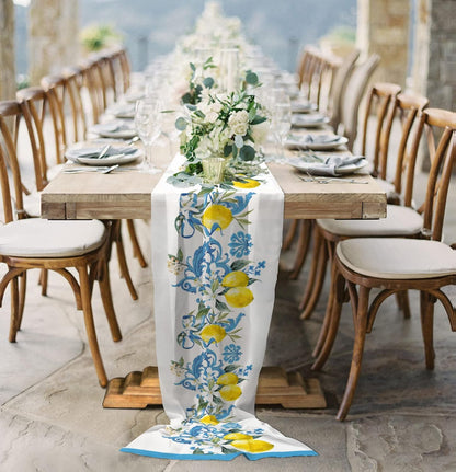 Yellow Summer Lemon Chiffon Table Runner 120 Inches Long, Voile Sheer Tulle Runner for Rustic Wedding Reception Bridal Shower Decorations Birthday Party, Floral Blue Medi-Terranean Pattern
