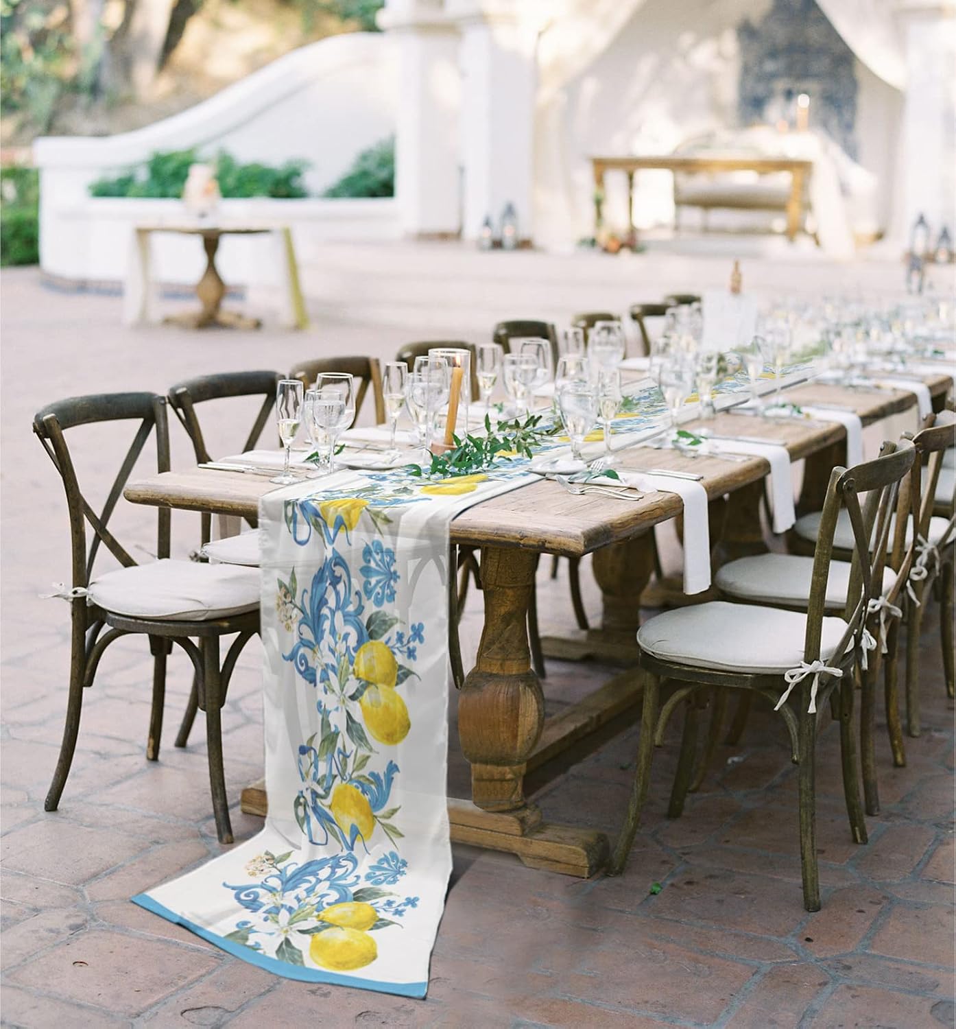 Yellow Summer Lemon Chiffon Table Runner 120 Inches Long, Voile Sheer Tulle Runner for Rustic Wedding Reception Bridal Shower Decorations Birthday Party, Floral Blue Medi-Terranean Pattern