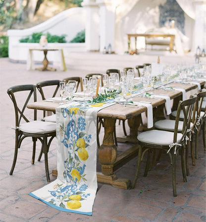 Yellow Summer Lemon Chiffon Table Runner 120 Inches Long, Voile Sheer Tulle Runner for Rustic Wedding Reception Bridal Shower Decorations Birthday Party, Floral Blue Medi-Terranean Pattern