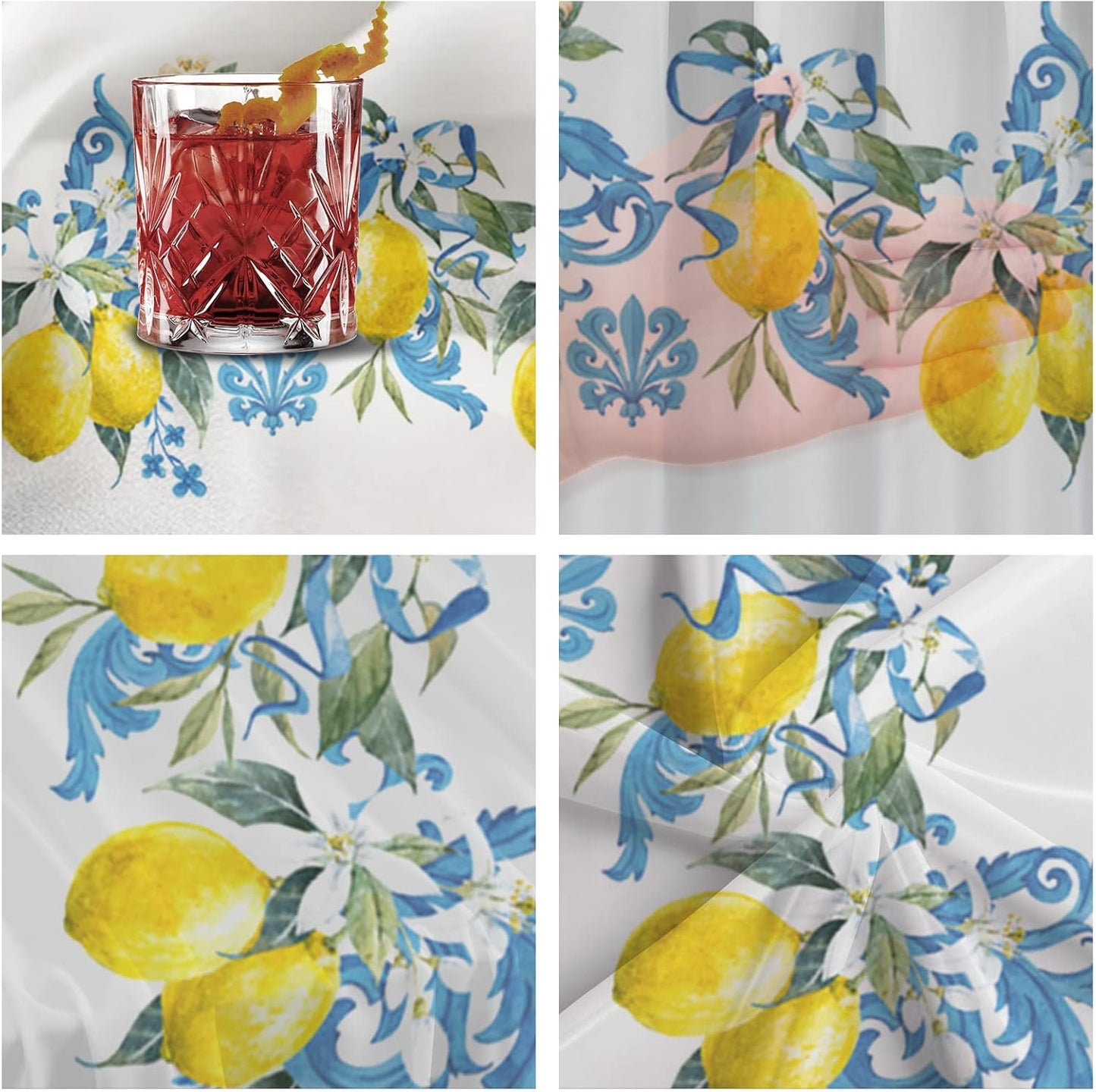 Yellow Summer Lemon Chiffon Table Runner 120 Inches Long, Voile Sheer Tulle Runner for Rustic Wedding Reception Bridal Shower Decorations Birthday Party, Floral Blue Medi-Terranean Pattern