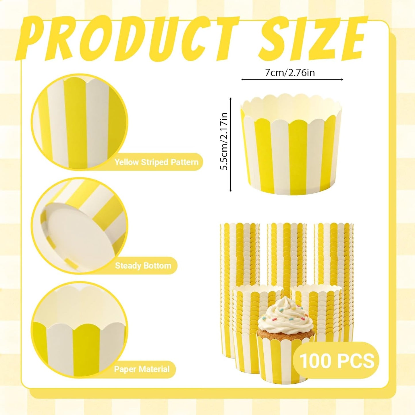 100 PCS Yellow and White Striped Cupcake Liners, 6oz Lemon Striped Cupcake Liners for Baby Shower, Summer Lemon Party, Birthday Party