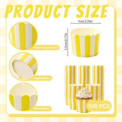 100 PCS Yellow and White Striped Cupcake Liners, 6oz Lemon Striped Cupcake Liners for Baby Shower, Summer Lemon Party, Birthday Party