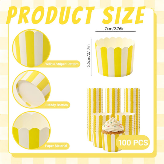 100 PCS Yellow and White Striped Cupcake Liners, 6oz Lemon Striped Cupcake Liners for Baby Shower, Summer Lemon Party, Birthday Party