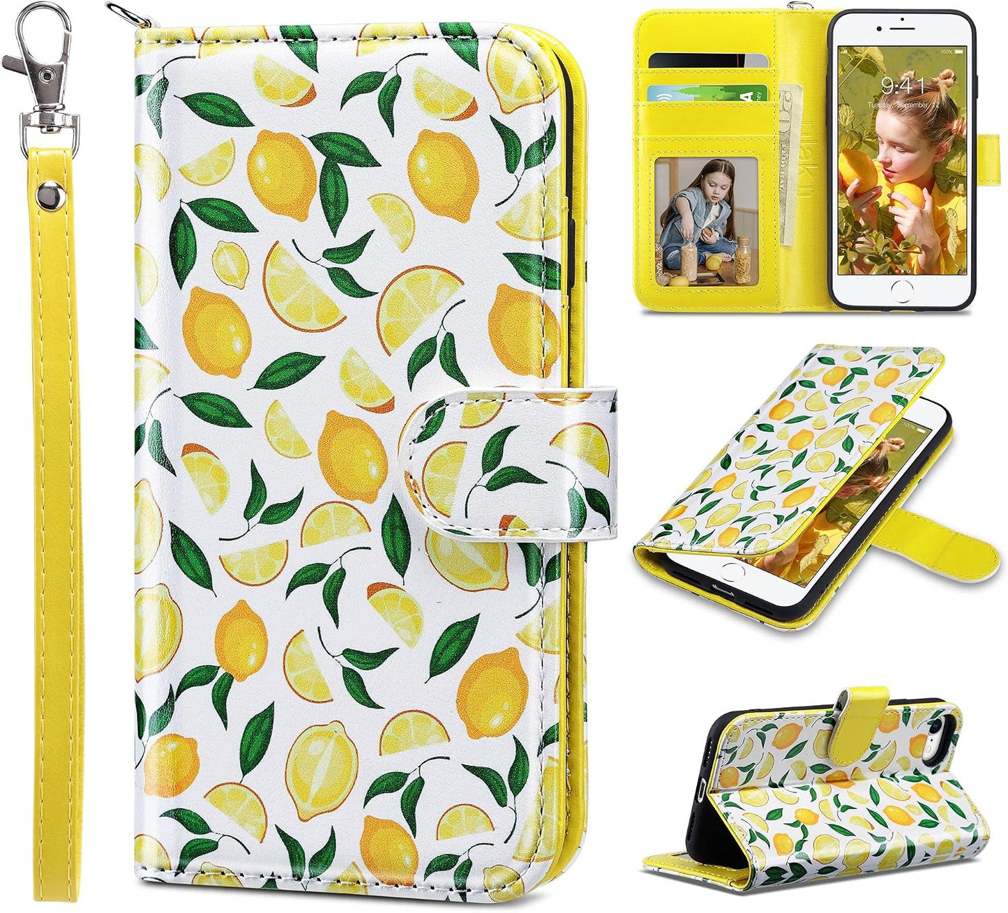 for iPhone SE 3(2022)/SE(2020)/8/7 Wallet Case Card Holder, Lemon Zest | Premium PU Leather Flip Case with Kickstand Card Slots,RFID Blocking,Wrist Strap, Durable Shockproof Cover 4.7 Inch