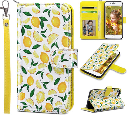for iPhone SE 3(2022)/SE(2020)/8/7 Wallet Case Card Holder, Lemon Zest | Premium PU Leather Flip Case with Kickstand Card Slots,RFID Blocking,Wrist Strap, Durable Shockproof Cover 4.7 Inch