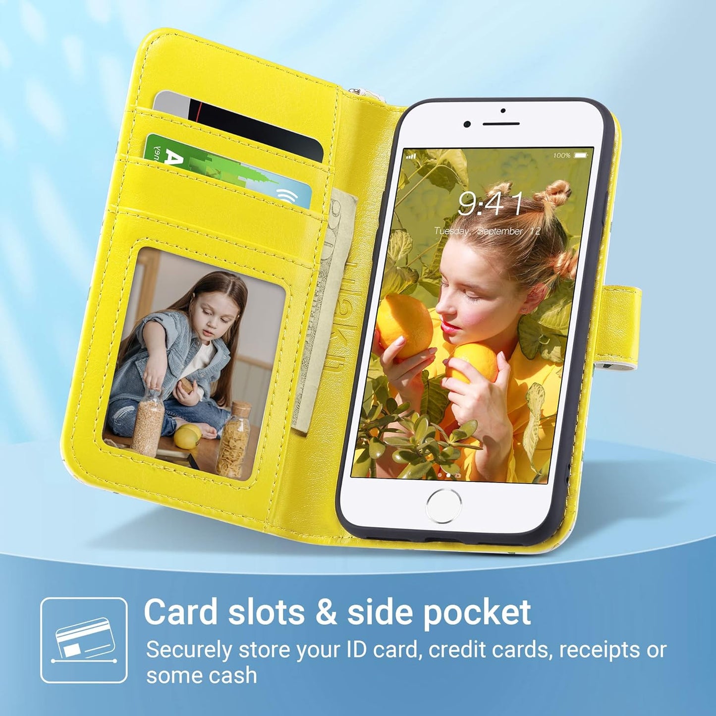 for iPhone SE 3(2022)/SE(2020)/8/7 Wallet Case Card Holder, Lemon Zest | Premium PU Leather Flip Case with Kickstand Card Slots,RFID Blocking,Wrist Strap, Durable Shockproof Cover 4.7 Inch