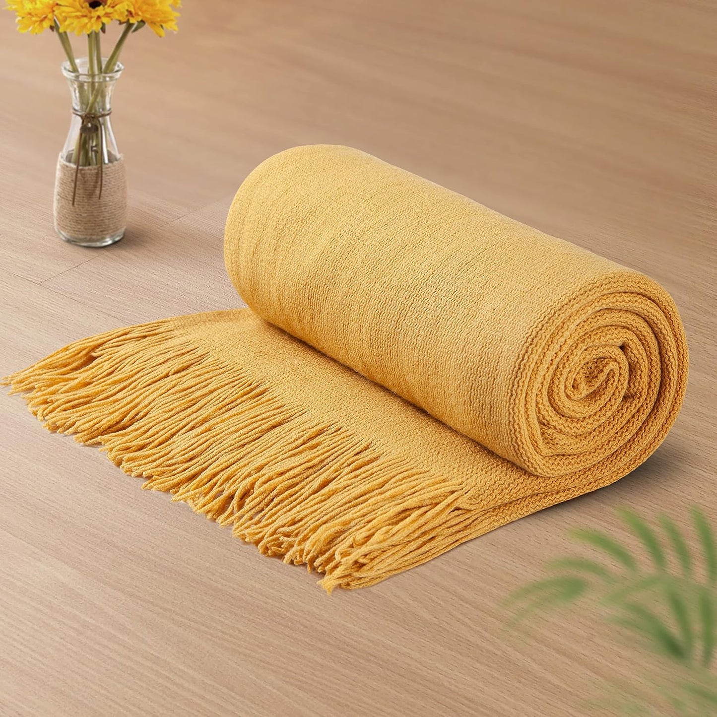 Vonty Mustard Yellow Knitted Blanket with Tassels Fringe 50" x 60", Super Soft Knit Throw Blanket, Farmhouse Decorative Lightweight Blanket for Couch, Sofa, Bed