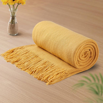 Vonty Mustard Yellow Knitted Blanket with Tassels Fringe 50" x 60", Super Soft Knit Throw Blanket, Farmhouse Decorative Lightweight Blanket for Couch, Sofa, Bed
