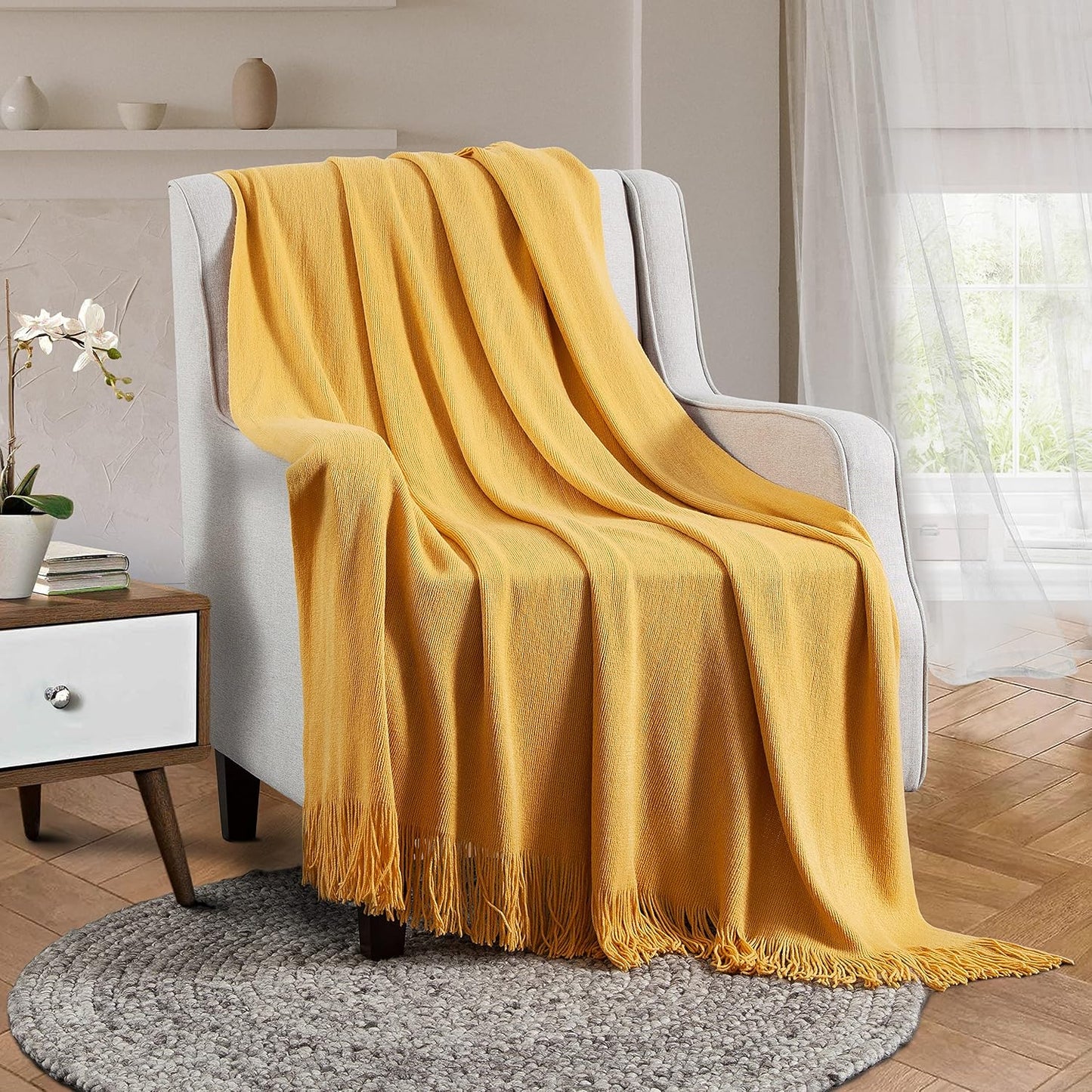 Vonty Mustard Yellow Knitted Blanket with Tassels Fringe 50" x 60", Super Soft Knit Throw Blanket, Farmhouse Decorative Lightweight Blanket for Couch, Sofa, Bed