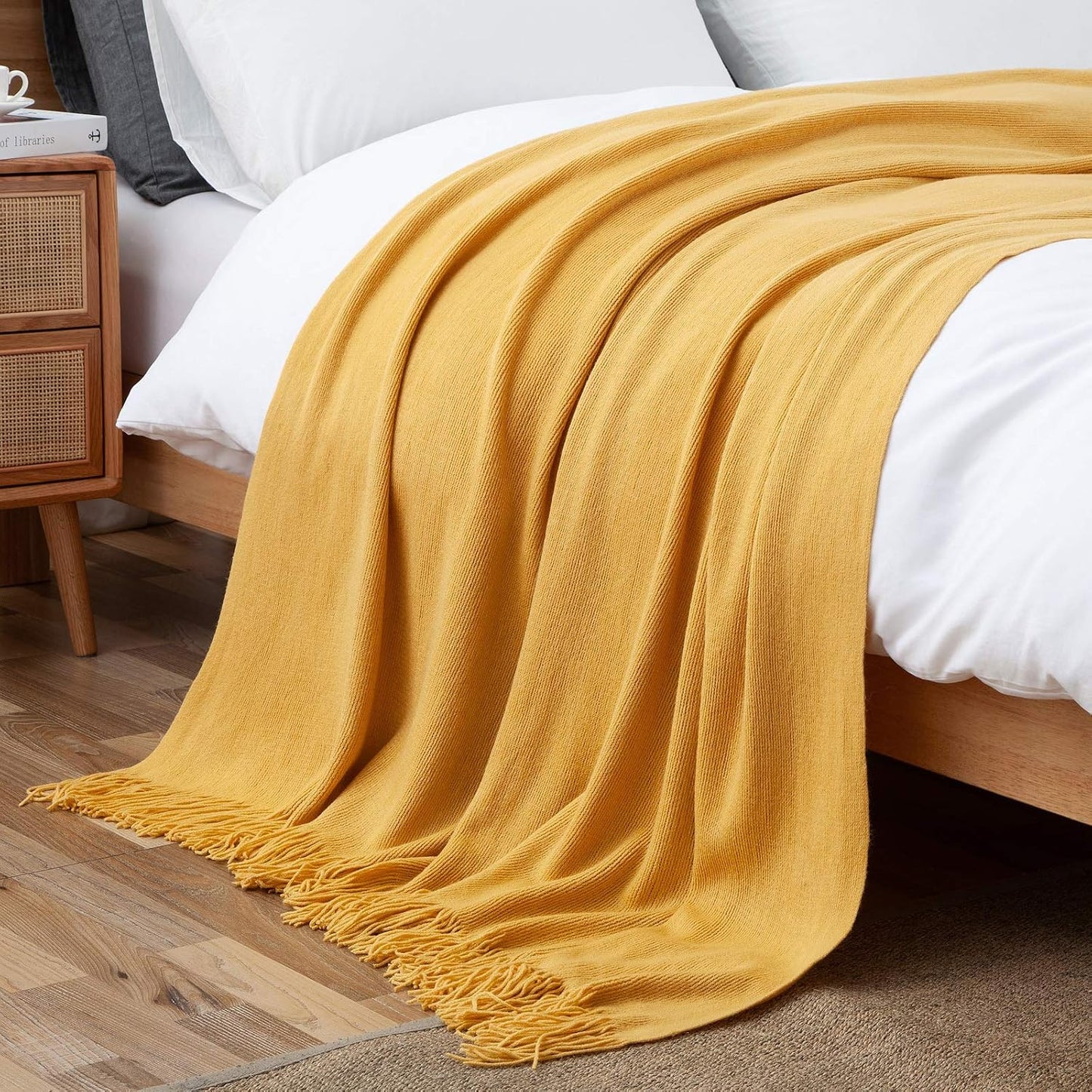 Vonty Mustard Yellow Knitted Blanket with Tassels Fringe 50" x 60", Super Soft Knit Throw Blanket, Farmhouse Decorative Lightweight Blanket for Couch, Sofa, Bed