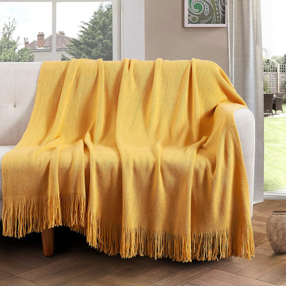 Vonty Mustard Yellow Knitted Blanket with Tassels Fringe 50" x 60", Super Soft Knit Throw Blanket, Farmhouse Decorative Lightweight Blanket for Couch, Sofa, Bed
