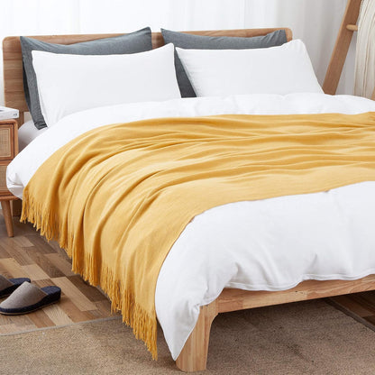 Vonty Mustard Yellow Knitted Blanket with Tassels Fringe 50" x 60", Super Soft Knit Throw Blanket, Farmhouse Decorative Lightweight Blanket for Couch, Sofa, Bed