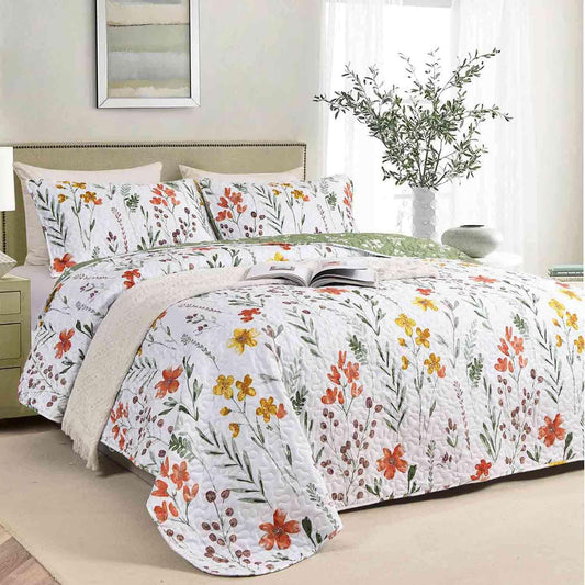 Quilt Set Queen Full Size 3 Pcs, White Floral Green Yellow Flower Leaf Spring Bedspreads, Soft Lightweight Coverlet Bed Spreads, Farmhouse Thin Quilted Comforter Bedding Sets for Women Men 90x90