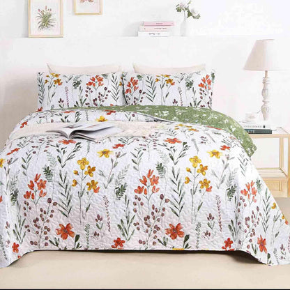Quilt Set Queen Full Size 3 Pcs, White Floral Green Yellow Flower Leaf Spring Bedspreads, Soft Lightweight Coverlet Bed Spreads, Farmhouse Thin Quilted Comforter Bedding Sets for Women Men 90x90