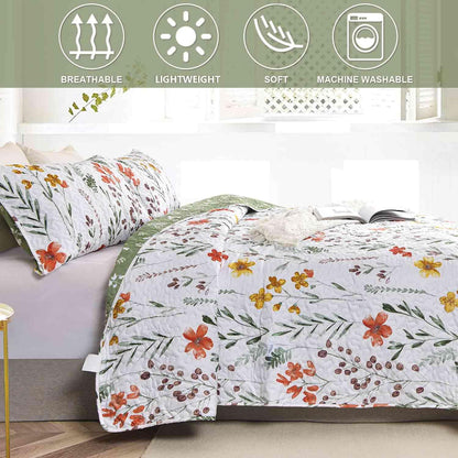 Quilt Set Queen Full Size 3 Pcs, White Floral Green Yellow Flower Leaf Spring Bedspreads, Soft Lightweight Coverlet Bed Spreads, Farmhouse Thin Quilted Comforter Bedding Sets for Women Men 90x90