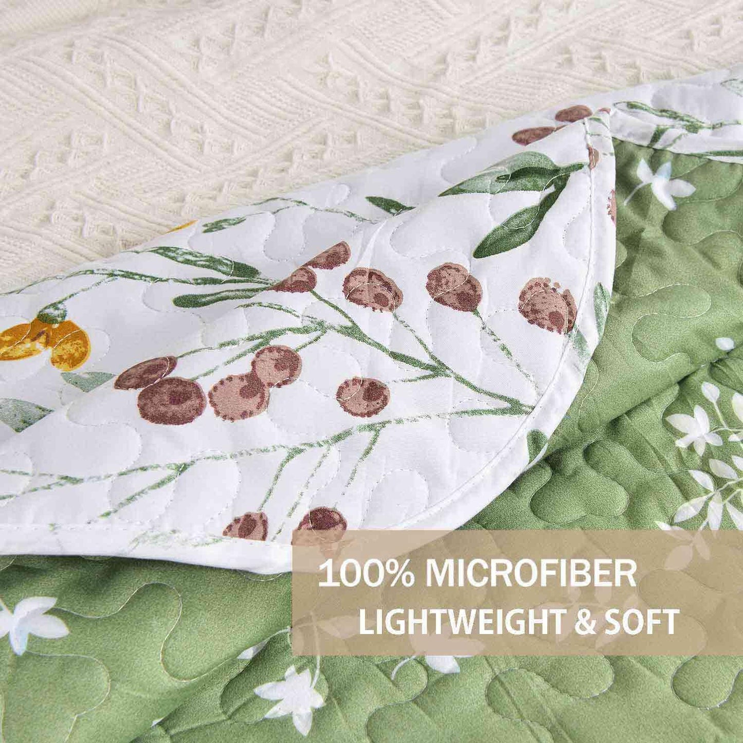 Quilt Set Queen Full Size 3 Pcs, White Floral Green Yellow Flower Leaf Spring Bedspreads, Soft Lightweight Coverlet Bed Spreads, Farmhouse Thin Quilted Comforter Bedding Sets for Women Men 90x90
