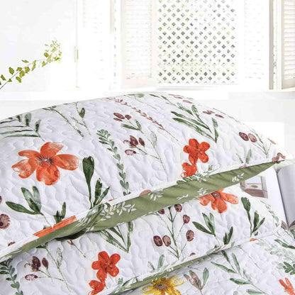 Quilt Set Queen Full Size 3 Pcs, White Floral Green Yellow Flower Leaf Spring Bedspreads, Soft Lightweight Coverlet Bed Spreads, Farmhouse Thin Quilted Comforter Bedding Sets for Women Men 90x90