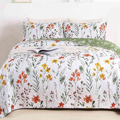 Quilt Set Queen Full Size 3 Pcs, White Floral Green Yellow Flower Leaf Spring Bedspreads, Soft Lightweight Coverlet Bed Spreads, Farmhouse Thin Quilted Comforter Bedding Sets for Women Men 90x90