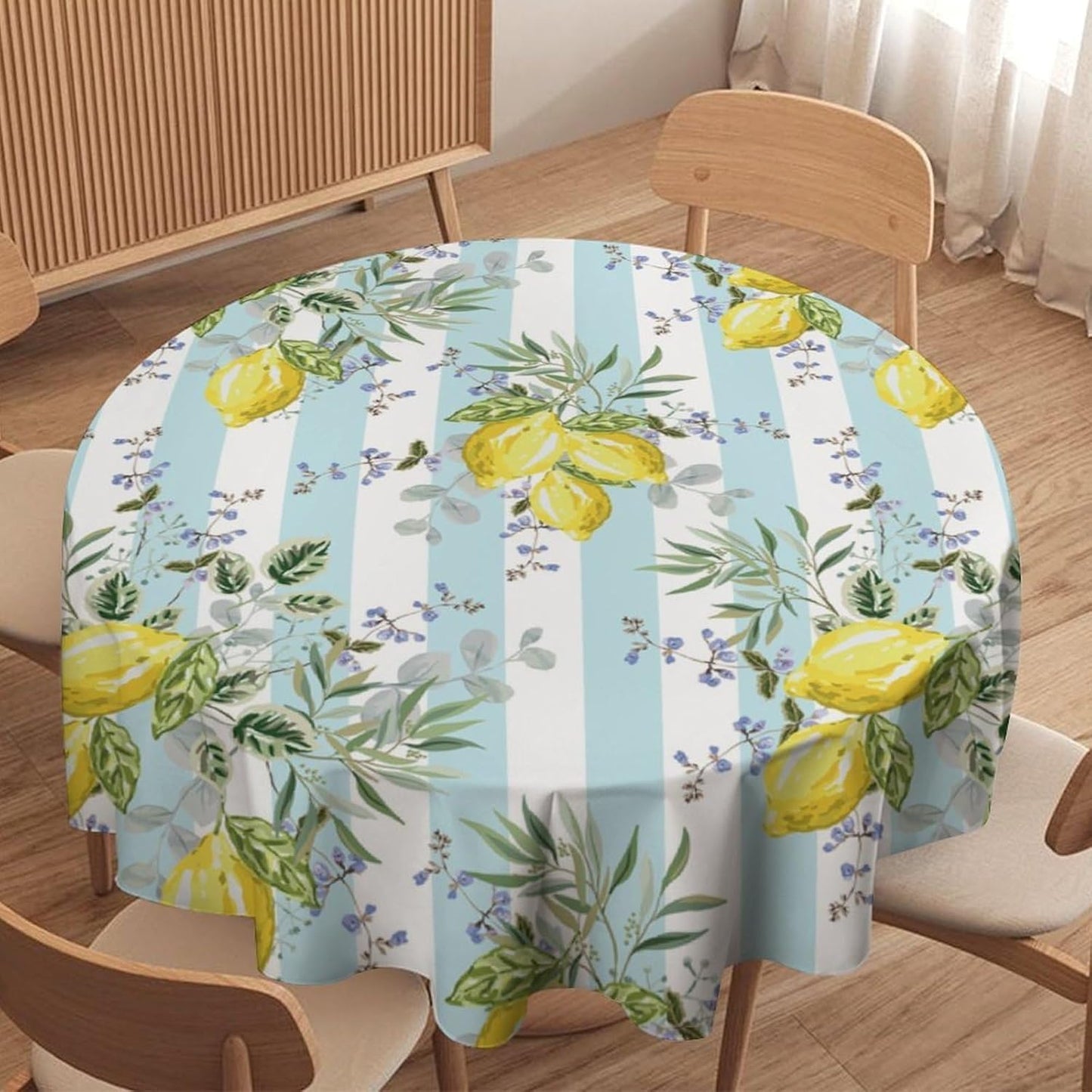 Lemon Fruits Round Tablecloth, Green Leaves Nature Summer Garden Plants Striped Background Pattern Tablecloths for Kitchen Dining Indoor Outdoor 36x36in