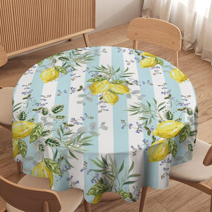 Lemon Fruits Round Tablecloth, Green Leaves Nature Summer Garden Plants Striped Background Pattern Tablecloths for Kitchen Dining Indoor Outdoor 36x36in