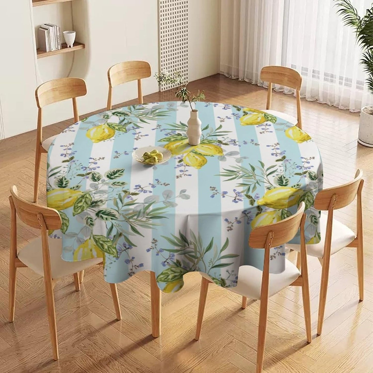 Lemon Fruits Round Tablecloth, Green Leaves Nature Summer Garden Plants Striped Background Pattern Tablecloths for Kitchen Dining Indoor Outdoor 36x36in