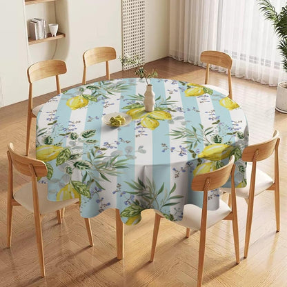 Lemon Fruits Round Tablecloth, Green Leaves Nature Summer Garden Plants Striped Background Pattern Tablecloths for Kitchen Dining Indoor Outdoor 36x36in