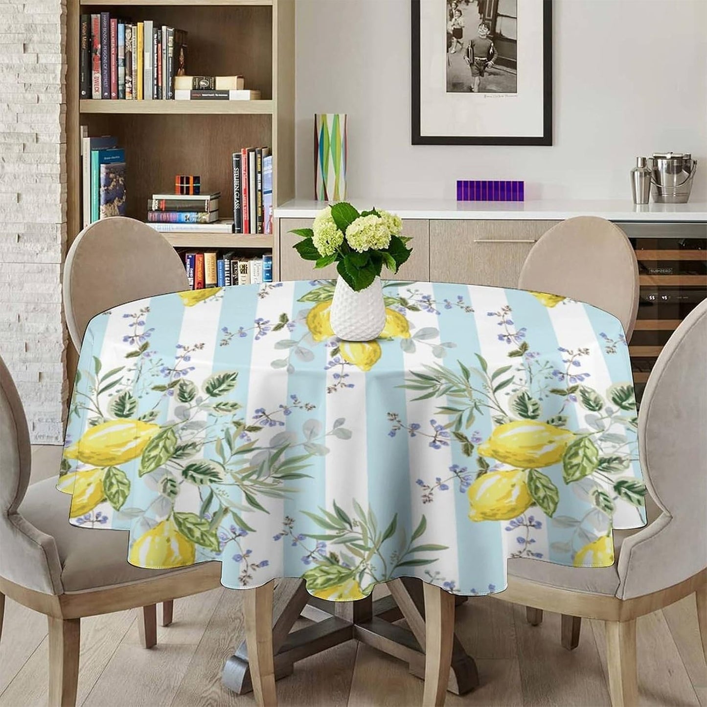 Lemon Fruits Round Tablecloth, Green Leaves Nature Summer Garden Plants Striped Background Pattern Tablecloths for Kitchen Dining Indoor Outdoor 36x36in