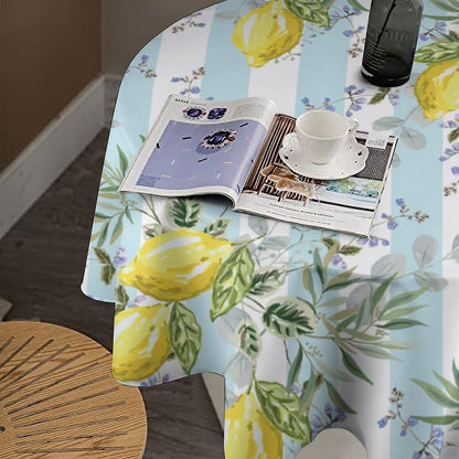 Lemon Fruits Round Tablecloth, Green Leaves Nature Summer Garden Plants Striped Background Pattern Tablecloths for Kitchen Dining Indoor Outdoor 36x36in