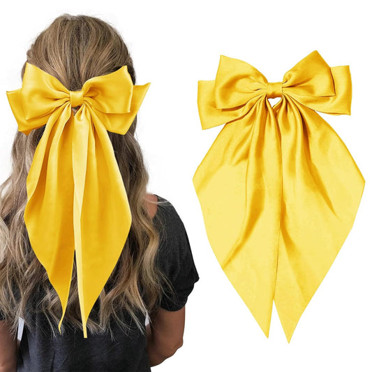 Hair Bows for Women Girls,Yellow Silky Satin Hair Barrettes with Long Ribbon Tail Big French Cute Hair Bows Clip Hair Accessories for Party Women Girl